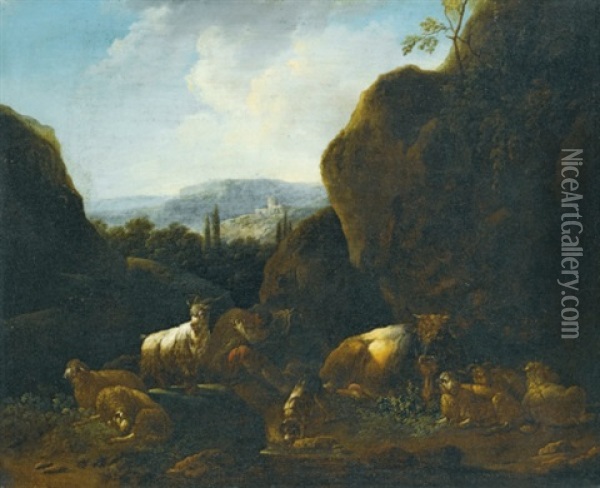 A Landscape With A Flock Of Sheep And Goats (2 Works) Oil Painting - Cajetan Roos
