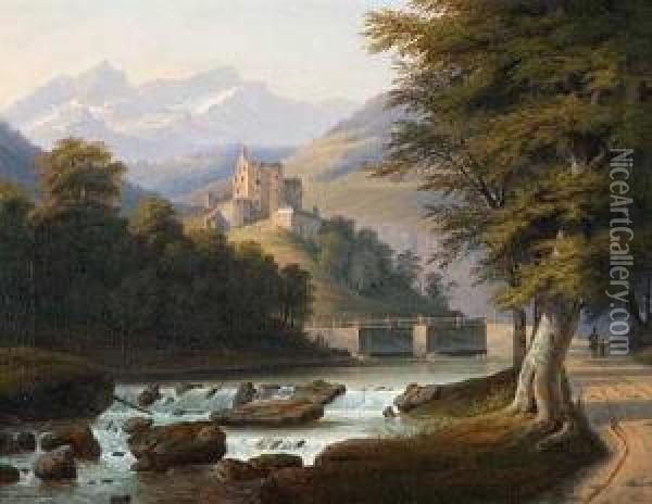 Gebirgslandschaft Mit Schlossruine Uber Flusslauf Oil Painting - Johann Heinrich Rosenkranz