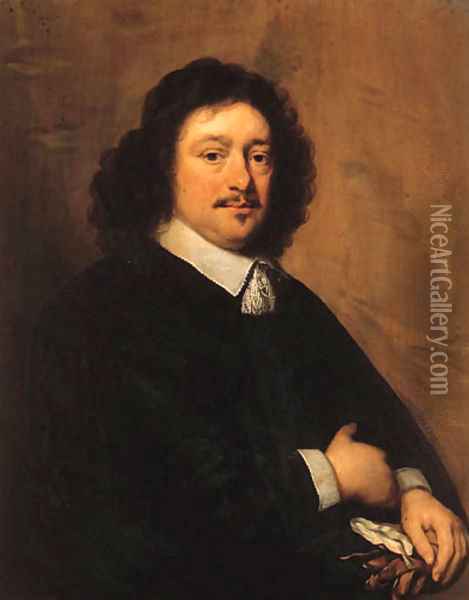 Portrait of a gentleman, half-length, wearing a black coat and a lace collar, holding a pair of gloves Oil Painting - Cornelius Janssens Van Ceulen