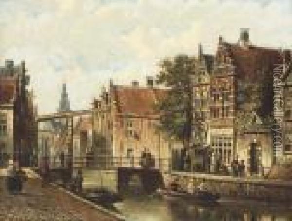Figures On The Banks Of A Canal Oil Painting - Johannes Franciscus Spohler