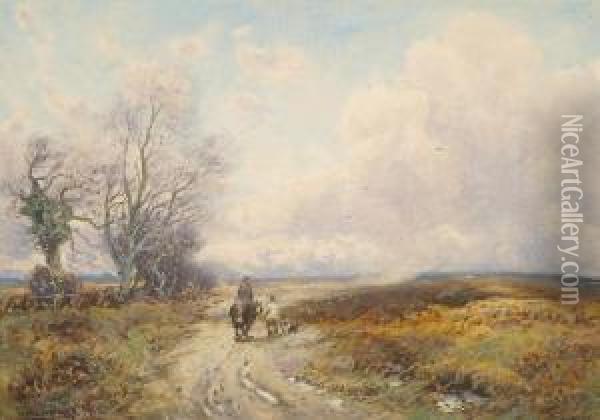 Travellers On A Country Lane, A Moorland Landscape Beyond Oil Painting - William Manners
