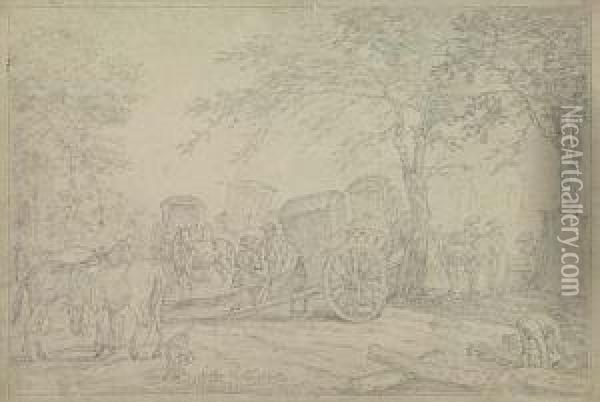Two Pencil Drawings.
Landscape With Travelers At Rest Oil Painting - Jan Peeter Verdussen