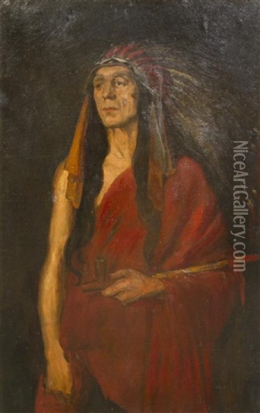 Portrait Of Indian Chief In Headdress Oil Painting - Cornelia Cassady Davis