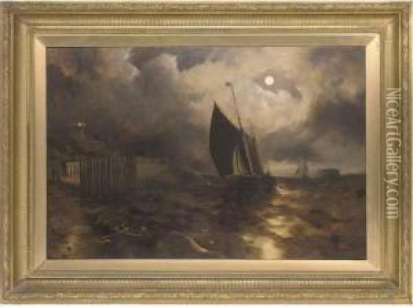 Shipping By Moonlight Oil Painting - H.P. Turner