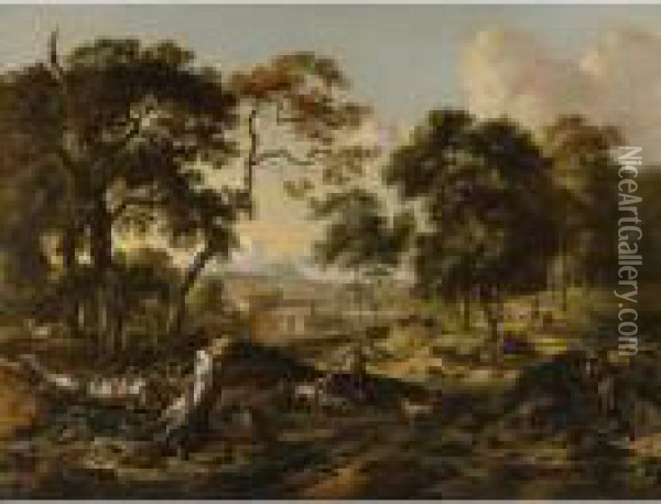 Landscape With Sportsmen Resting By A Path Oil Painting - Jan Wijnants