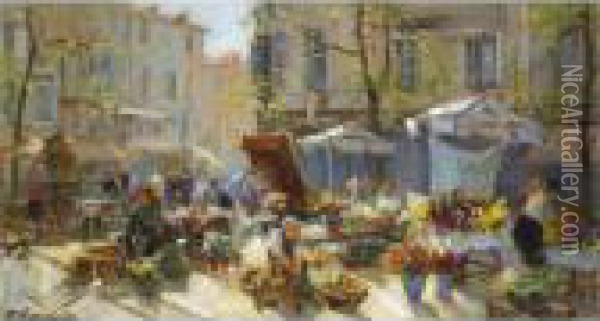 The Flower Market In Aix-en-provence Oil Painting - Georges Lapchine