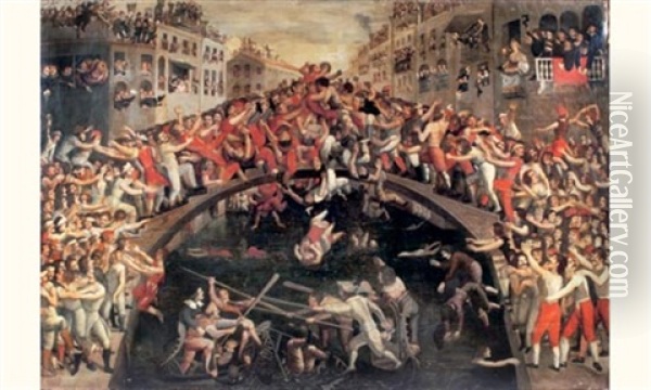 Scenes De Luttes Sur Un Pont Traversant Un Canal Oil Painting - Joseph Heintz the Younger
