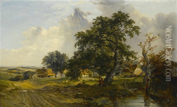 An Extensive Landscape With A Figure Seated By A Pond Oil Painting - Henry John Boddington