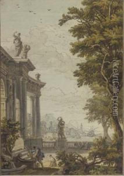 A Classical Gateway With A Man And His Dog At A Fountain, A Port And Mountains Beyond Oil Painting - Isaac de Moucheron