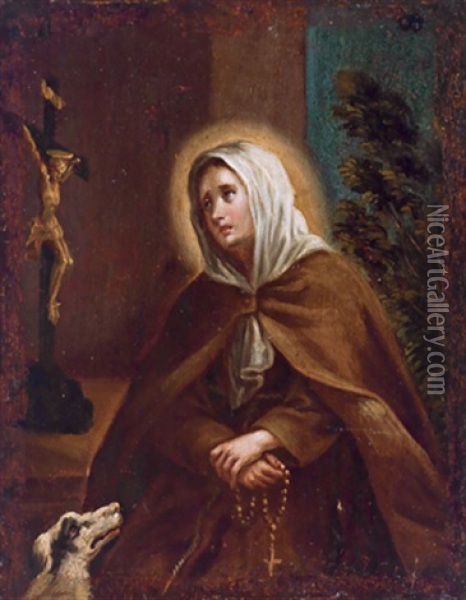 Die Heilige Margarita Von Cortona Mit Ihrem Attribut, Einem Hund, Vor Dem Kruzifix Oil Painting -  Guercino