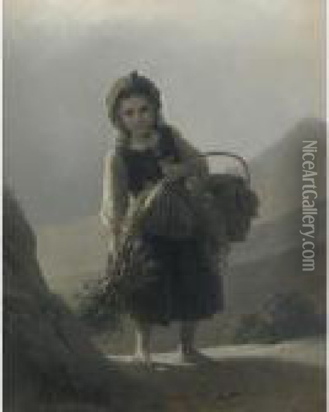 Peasant Girl Carrying Wood And Flowers Oil Painting - Meyer Georg von Bremen