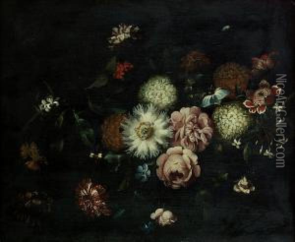 A Passion Flower, Honeysuckle, 
Carnations, Roses And Other Flowers On A Stone Ledge With A Butterfly Oil Painting - Jan Peeter Brueghel