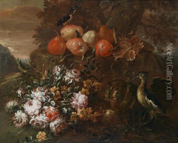 Still Life With Flowers And Fruits With Asnipe And A Kingfisher Oil Painting - Felice Boselli Piacenza