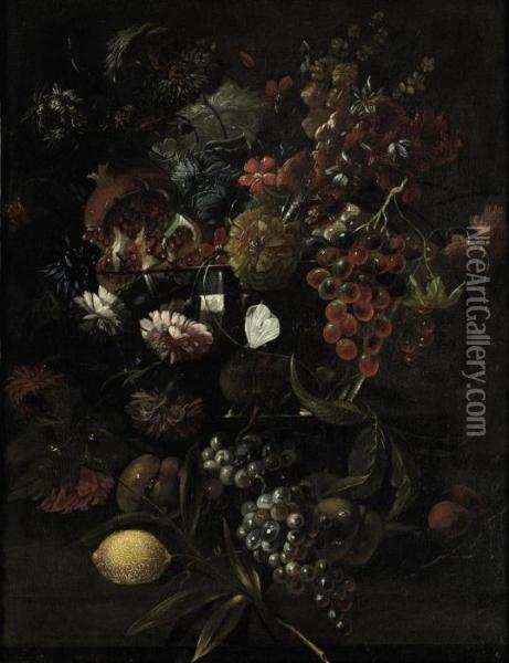 Various Flowers In A Glass Vase With Blue Grapes, Peaches And Alemon, All On A Ledge Oil Painting - Mario Nuzzi Mario Dei Fiori