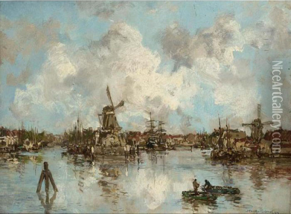 A View Of A Harbour In A Dutch Town Oil Painting - Johann Hendrik Van Mastenbroek