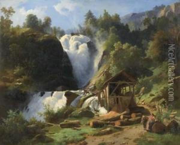 Ein Wasserfall Mit Muhle. 1858. Oil Painting - Carl Johann Fr. Toeche