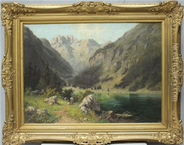 Bauerin An Einem Gebirgssee In Oberbayern Oil Painting - Ludwig Correggio