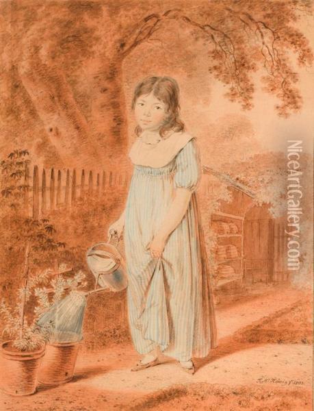 Young Girl Watering Flowers. Oil Painting - Franz Nikolaus Koenig