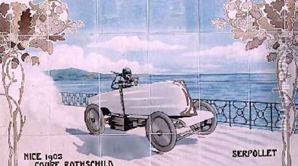 Serpollet driving in the Rothschild Cup of 1903 in Nice ceramic tiles manufactured by Gilardoni Fils et Cie of Paris Oil Painting - Ernest Montaut