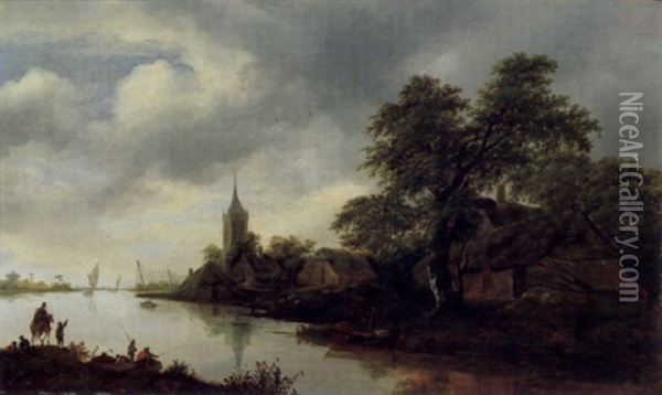 Fluslandschaft Mit Einem Reiter, Anglern Und Im Hintergrund Einem Dorf Oil Painting - Gerrit van Hees