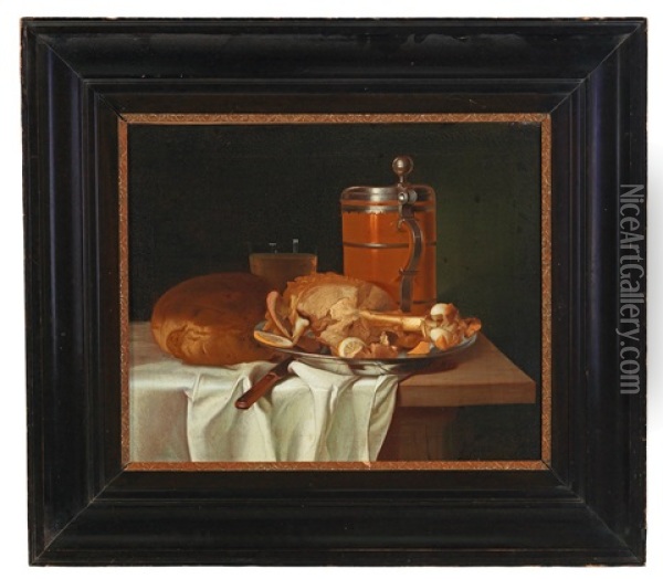 Still Life With Bread, A Ham, A Beer Tankard And A Water Glass Oil Painting - Justus Juncker