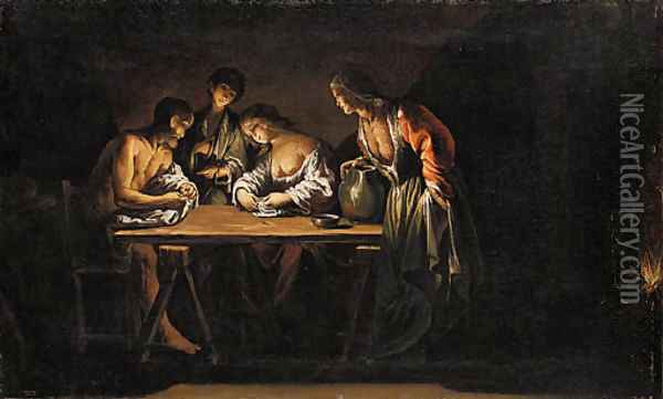 Figures around a table lit by an oil lamp Oil Painting - Pietro Ricchi