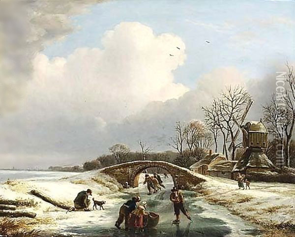 A Winter Landscape With Figures Skating Near A Windmill Oil Painting - Andries Vermeulen