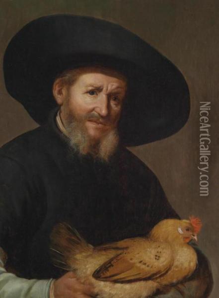 Portrait Of A Bearded Man In A Hat And Black Cloak Holding A Cock Oil Painting - Jacob Gerritsz. Cuyp