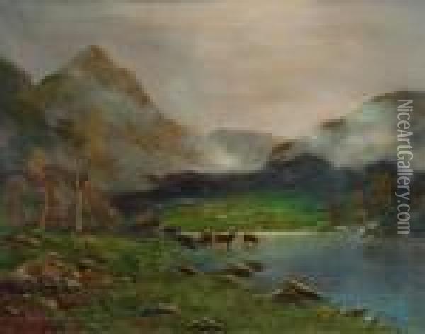 Extensive Highland Landscape With Cattle Watering Oil Painting - Nils Hans Christiansen