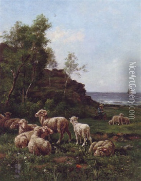 A Shepherd And His Flock By The Sea Oil Painting - Albert Charpin