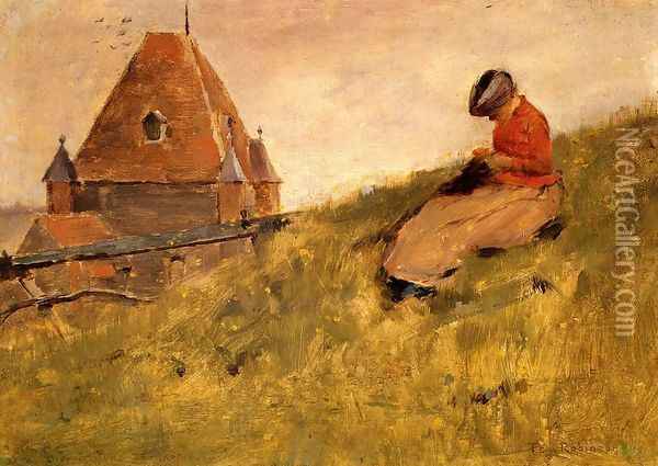 On the Cliff: A Girl Sewing Oil Painting - Theodore Robinson