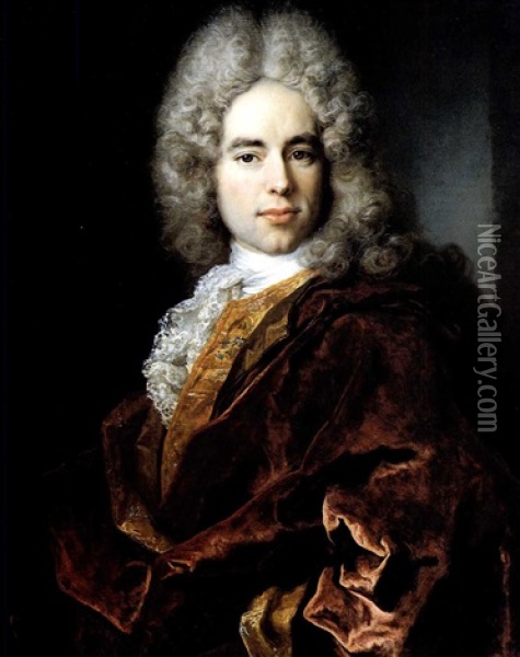 Portrait Of A Gentleman, Half Length, Wearing A Lace Jabot  And Burgundy Cloak. Oil Painting - Nicolas de Largilliere