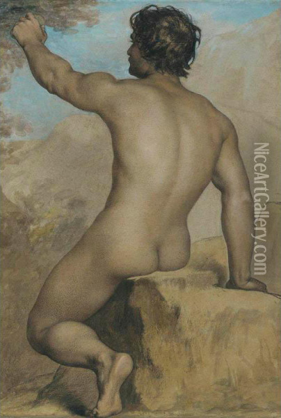 Seated Male Nude Seen From The Back, Study Of A Female Nude Seated, And Academic Male Nude: Three Works Oil Painting - Adolphe-Joseph Huot