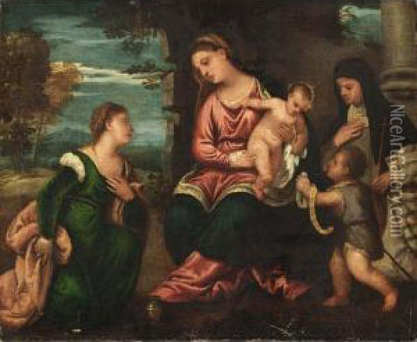 The Madonna And Child With Saint
 Mary Magdalene, Saint Elizabeth And The Infant Saint John The Baptist Oil Painting - Polidoro Lanzani (see Polidoro Da Lanciano)