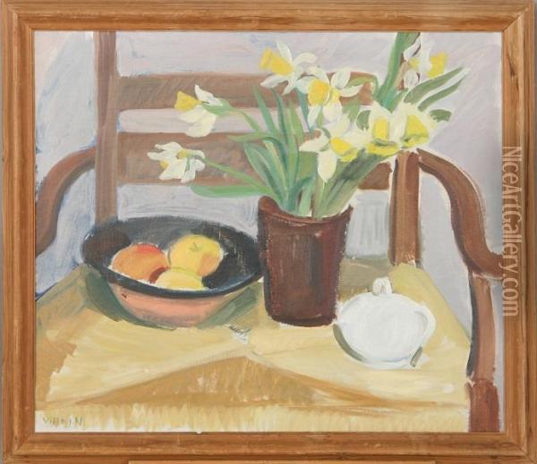 Still Life With Daffodils And Apples. Signed Ville J.n Oil Painting - Ville Jais-Nielsen