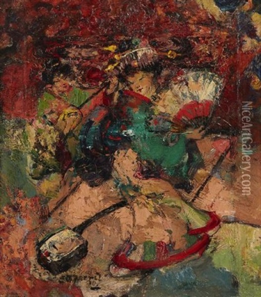 Japanese Dancer And Musician Oil Painting - Edward Atkinson Hornel