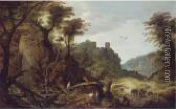 A Mountainous Landscape With Foresters, A Clifftop Castle Beyond Oil Painting - Joos De Momper