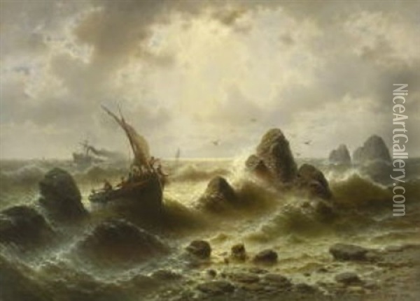 Fischerboot In Schwerer See An Felsenkuste Oil Painting - Albert Rieger