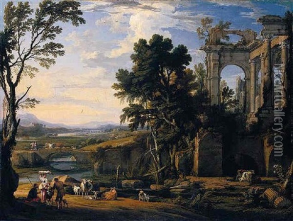 A Classical Landscape With Drovers And Animals Resting On The Banks Of A River Before A Set Of Ruins, Animals And Figures Crossing A Bridge Beyond Oil Painting - Pierre Patel