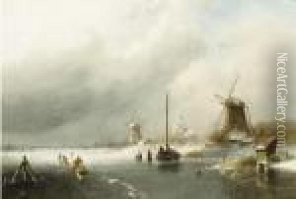 Figures On A Frozen River, With Windmills Beyond Oil Painting - Charles Henri Leickert