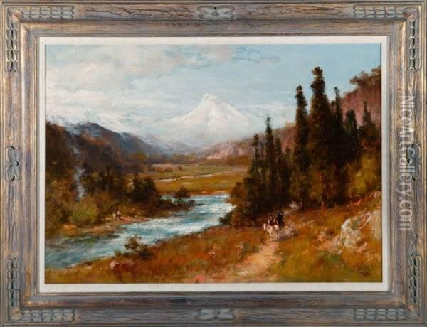 View Of Mt. Hood, Oregon 
Withamerican Indian Figures On Horseback. With Figures Across River Oil Painting - Thomas Hill