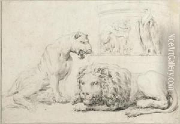 Study Sheet With Lion, Lioness, Nymphs And Vulture Oil Painting - Luigi Sabatelli