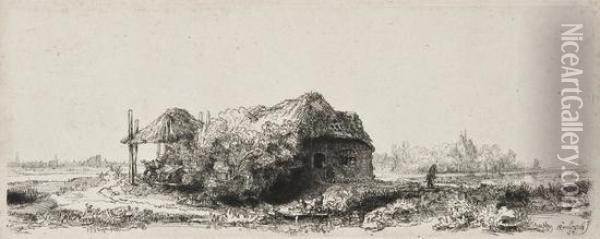Landscape With A Cottage And Haybarn Oil Painting - Rembrandt Van Rijn