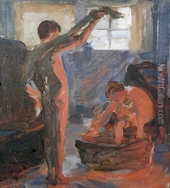 Study Of Boys Bathing By A Fire Oil Painting - Frank Bramley