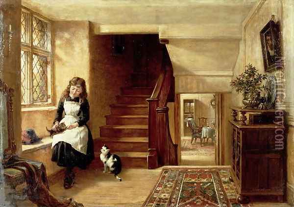 An Interior with a Girl Playing with Cats Oil Painting - Robert Collinson