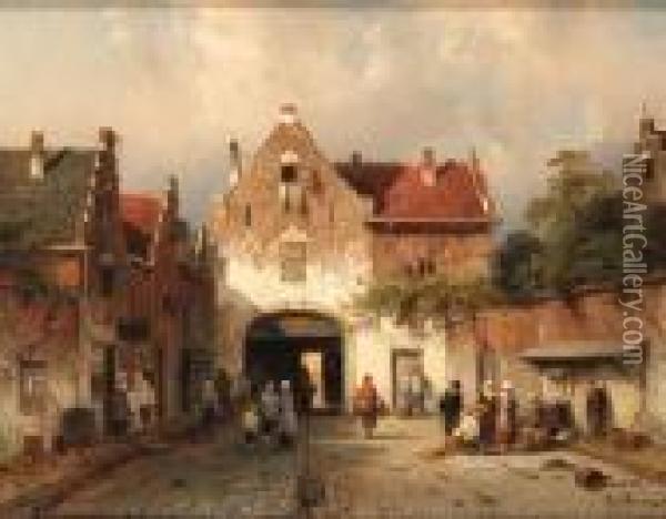 A View In A Town With Numerous Townfolk At A City-gate Oil Painting - Charles Henri Leickert
