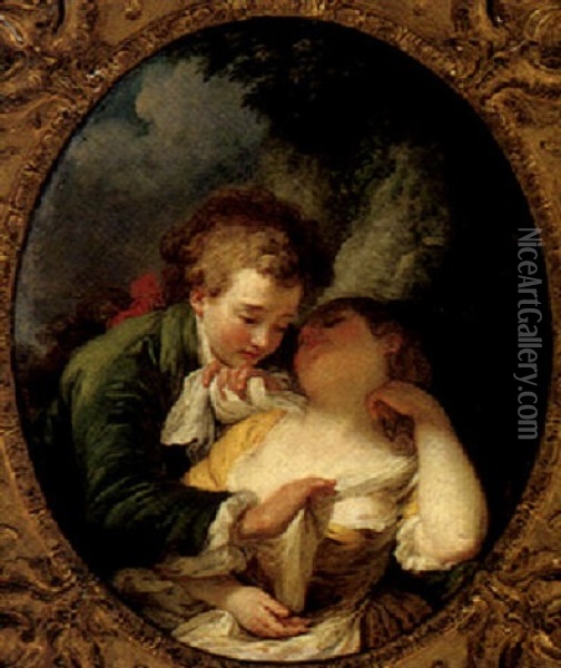 Young Lovers In A Landscape Oil Painting - Pierre Antoine Baudouin