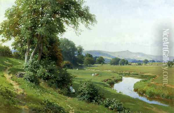 An Extensive River Landscape With A Young Girl Balancing On A Gate Oil Painting - Harry Sutton Palmer