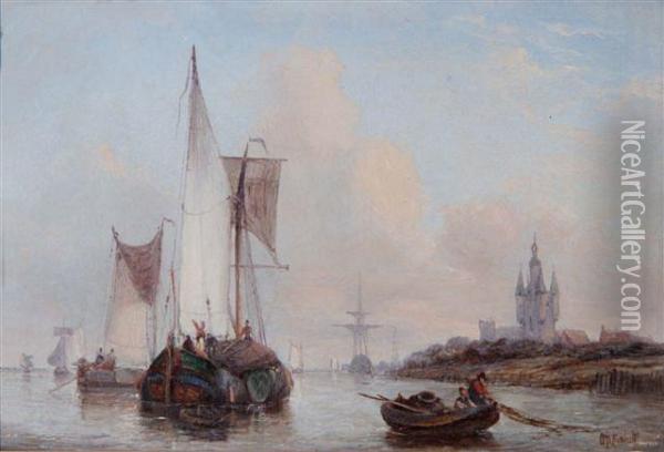 Sailing Barges In Full Sail In A Calm Off A Continental Coast Oil Painting - George Willem Opdenhoff