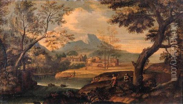 An Italianate River Landscape With Travellers On A Track Oil Painting - Andrea Locatelli